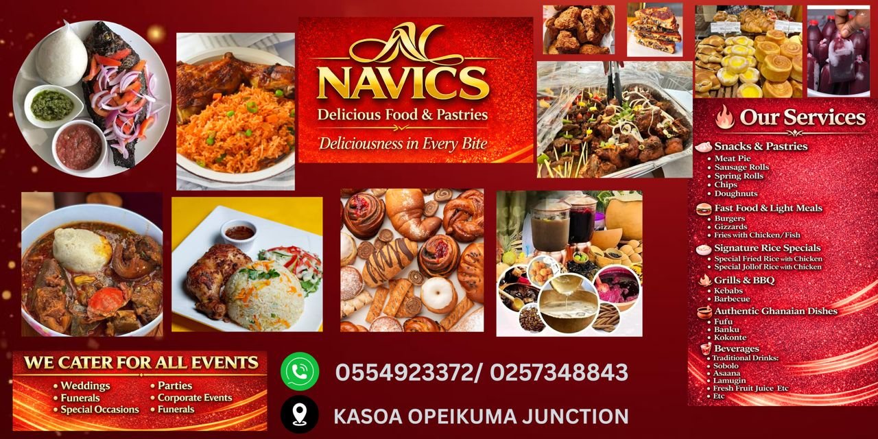 Fried rice, Jollof rice, banku with okra stew/tilapia,fries with chicken, instant Noddles, pastries,Burgers,pizzas, seawater,cooked yam with egg sauce/palaver sauce. Weekend special -fufu with goat meat and tilapia,omo too and kon konkonte with groundnut 