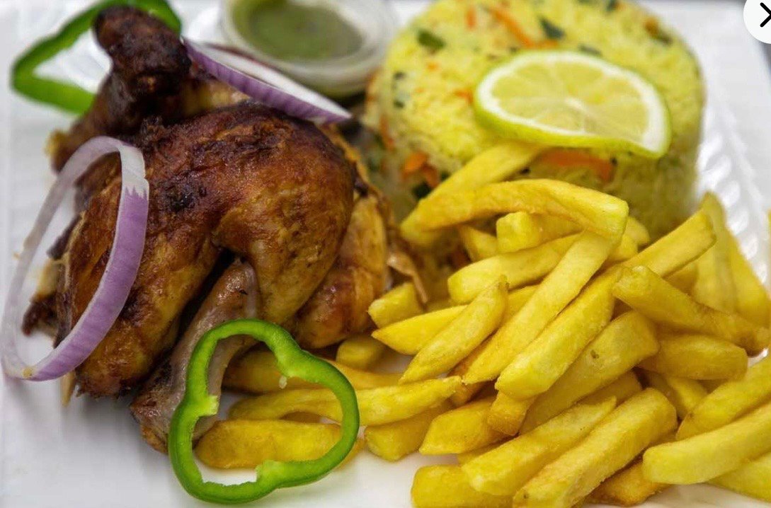 Half grilled chicken and fried rice