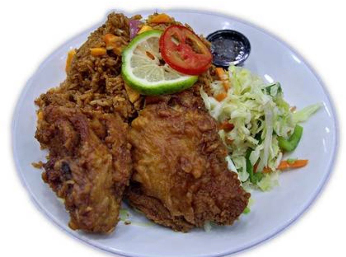 Fried chicken with Jollof rice